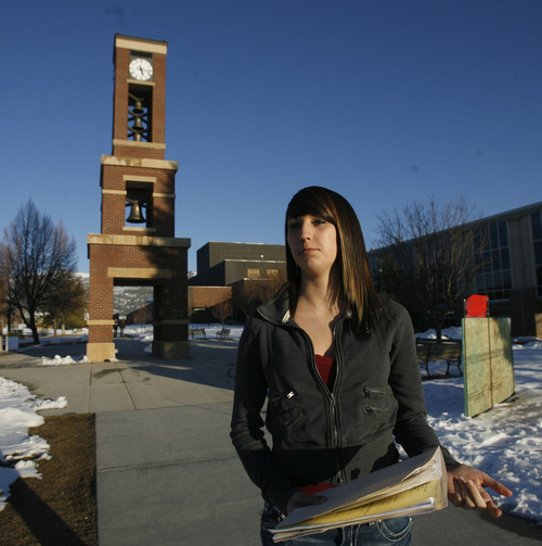 Rick Egan   |  The Salt Lake Tribune
Jaden Jackson on campus at Snow College in Ephraim, Tuesday, Feb. 22, 2011.  Jackson decided to no longer attend Snow, after she spent two days in the Sanpete County jail. Sanpete County justice courts are routinely giving two days in jail for underage people convicted of possessing or consuming alcohol. Other courts in the state do not give jail time.
