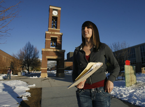 Rick Egan   |  The Salt Lake Tribune
Jaden Jackson on campus at Snow College in Ephraim, Tuesday, Feb. 22, 2011.  Jackson decided to no longer attend Snow, after she spent two days in the Sanpete County jail. Sanpete County justice courts are routinely giving two days in jail for underage people convicted of possessing or consuming alcohol. Other courts in the state do not give jail time.