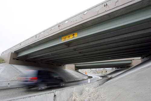 Francisco Kjolseth  |  The Salt Lake Tribune
Traffic moves under the I-80 corridor at 2300 East in Salt Lake on Wednesday, March 30, 2011. Utah's highway bridges now rank among the safest in the nation, but still have room for improvement, says a new national report. The new safety status is in large part due to the recent highway improvements along the I-15, I-80 and the I-215 corridors.