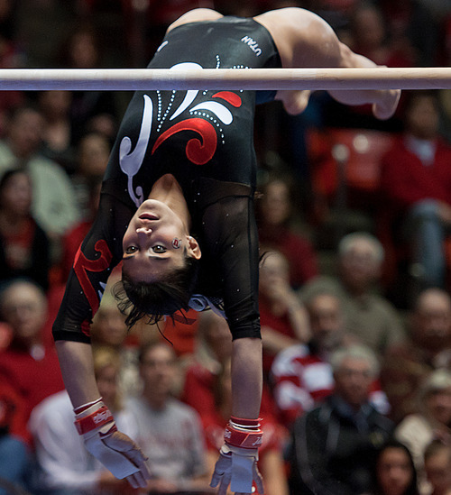 Michael Mangum  |  The Salt Lake Tribune

Utahs Nansy Damianova performs on the uneven bars during the Red Rocks' meet against the Florida Gators at the Huntsman Center in Salt Lake City on Friday, March 4, 2011.