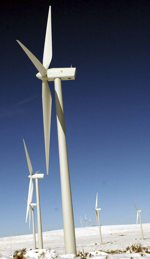 Salt Lake Tribune file photo

Currently, 76 of the 80 turbines at a Wind Farm, located 10 miles east of Evanston, Wyoming are erected.