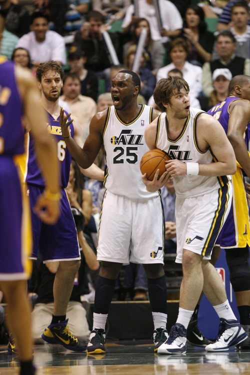 Trent Nelson  | The Salt Lake Tribune
Utah's Al Jefferson reacts to his fourth foul, as the Utah Jazz host the Los Angeles Lakers, NBA basketball Friday April 1, 2011.