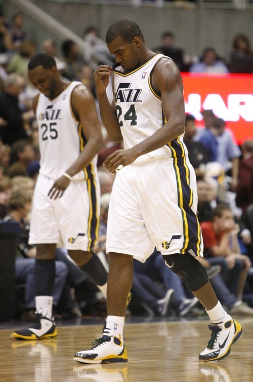 Trent Nelson  | The Salt Lake Tribune
Al Jefferson and Paul Millsap walk off the court as the Lakers lead by 7 in the fourth quarter, as the Utah Jazz host the Los Angeles Lakers, NBA basketball Friday April 1, 2011.