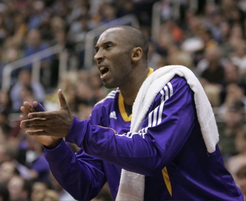 Trent Nelson  | The Salt Lake Tribune
Kobe Bryant cheers on his team as they pull ahead in the third quarter, as the Utah Jazz host the Los Angeles Lakers, NBA basketball Friday April 1, 2011.