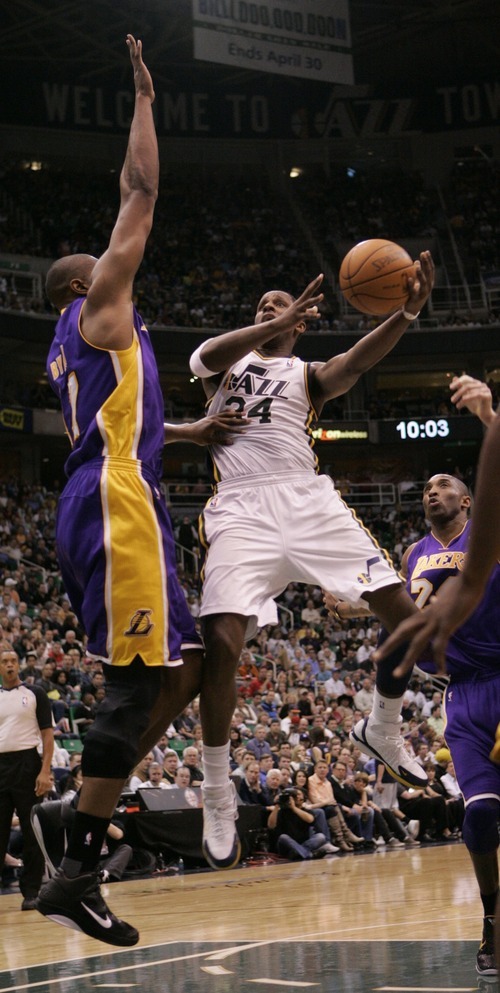 Trent Nelson  | The Salt Lake Tribune
C.J. Miles drives to the basket as the Utah Jazz host the Los Angeles Lakers, NBA basketball Friday April 1, 2011.