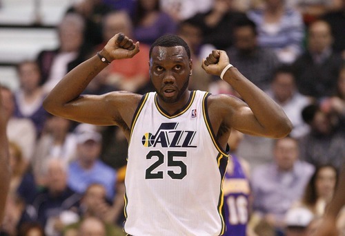 Trent Nelson  |  The Salt Lake Tribune
Utah Jazz center/forward Al Jefferson reacts after giving up the ball as the Utah Jazz host the Los Angeles Lakers, NBA basketball in Salt Lake City, Utah, Friday, April 1, 2011.