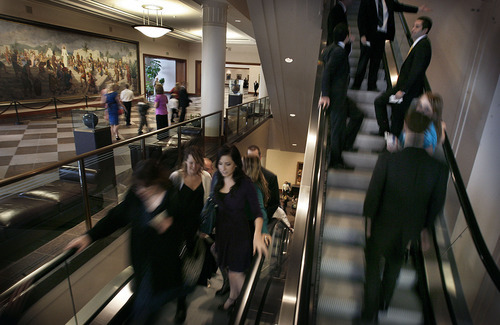 Scott Sommerdorf  |  The Salt Lake Tribune
Conference attendees take escalators to the upper floors of the Conference Center prior to the morning session of the 181st Annual LDS General Conference, Saturday, April 2nd, 2011.