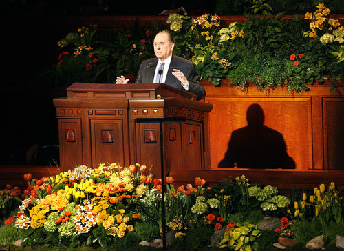 Scott Sommerdorf  |  The Salt Lake Tribune
LDS President Thomas S. Monson speaks at the beginning of the 181st Annual LDS General Conference, Saturday, April 2nd, 2011.