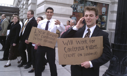 Louie Vazquez (Left) and Drew Starr (Right) both of California hold signs at Temple Square in an attempt to get tickets to a session of LDS General Conference in between sessions at noon on Saturday.
Cimaron Neugebauer |The Salt Lake Tribune