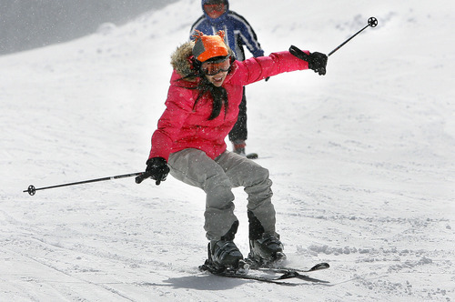 Scott Sommerdorf  |  The Salt Lake Tribune
Nepalese refugee Jeebika Dahal, 12, struggles on skis at Solitude Resort on Sunday during her first ski lesson, courtesy of Westminster College and Solitude Ski Resort.  About 20 refugee children were able to ski for the first time. The children, who range in age from 8 to 15, come from countries including Bhutan, Burma, Nepal, Burundi, Sudan, Somalia, Ethiopia and the Congo.