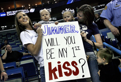 Scott Sommerdorf  |  The Salt Lake Tribune
left to right; Whitney Carlile (cq) holding one year old Jaycee Carlile, and Melissa Harris holding one year old Madison Harris (all from Missouri), as they watch BYU warm up at the New Orleans Arena for their first round game of the 