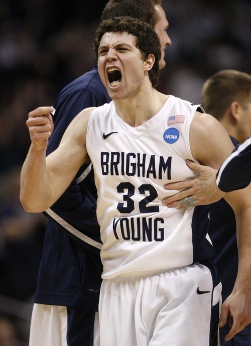 Trent Nelson  |  The Salt Lake Tribune
BYU's Jimmer Fredette celebrates as BYU defeats Gonzaga in the NCAA Tournament, men's college basketball at the Pepsi Center in Denver, Colorado, Saturday, March 19, 2011, earning a trip to the Sweet 16.