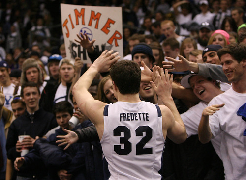 Leah Hogsten  |  The Salt Lake Tribune

Jimmer Fredette thanks fans for their support after defeating UNLV in Provo on Feb. 5.