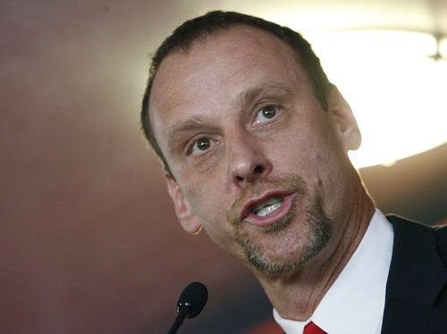 Scott Sommerdorf  |  The Salt Lake Tribune
The new men's basketball coach at the University of Utah - Larry Krystkowiak - was introduced at a press conference held at the university, Monday, April 4, 2011.