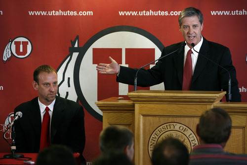 Scott Sommerdorf  |  The Salt Lake Tribune
Chris Hill, director of athletics,  introduces Larry Krystkowiak, the new men's basketball coach at the University of Utah, at a press conference held at the university, Monday, April 4, 2011.