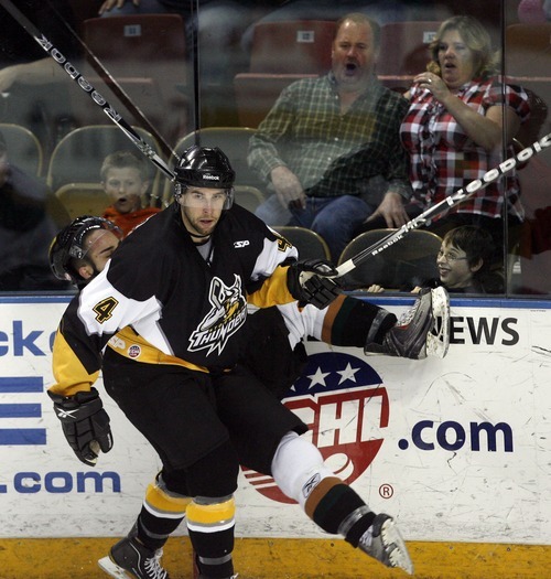 Steve Griffin  |  The Salt Lake Tribune
 
Utah Grizzlies fans react as Grizzlies winger Samson Mahbod gets leveled by a check from Stockton's Steve Vanoosten during third period of playoff game between the Utah Grizzlies and the Stockton Thunder at the Maverik Center in West Valley City, Utah Tuesday, April 5, 2011.