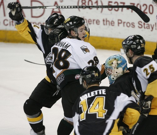 Steve Griffin  |  The Salt Lake Tribune
 
Grizzlies center Brett Parnham battles for position against the Stockton defense during playoff game between the Utah Grizzlies and the Stockton Thunder at the Maverik Center in West Valley City, Utah Tuesday, April 5, 2011.