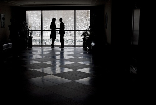 Djamila Grossman  |  The Salt Lake Tribune

A couple stands in front of a window in the LDS Conference Center for the 181st Annual General Conference of the LDS Church in Salt Lake City, Utah, on Sunday, April 3, 2011.