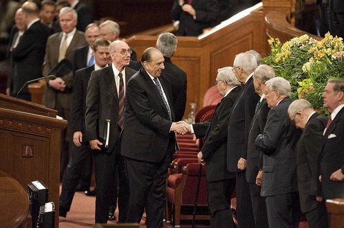 Djamila Grossman  |  The Salt Lake Tribune

President Thomas S. Monson, shakes hands with church leaders after the afternoon session of the 181st Annual General Conference of the LDS Church at the LDS Conference Center in Salt Lake City, Utah, on Sunday, April 3, 2011.