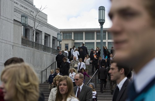 Djamila Grossman  |  The Salt Lake Tribune

People walk into the LDS Conference Center for the 181st Annual General Conference of the LDS Church in Salt Lake City, Utah, on Sunday, April 3, 2011.