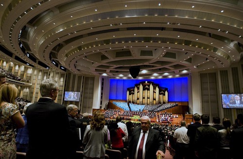 Djamila Grossman  |  The Salt Lake Tribune

People walk around during intermission in the LDS Conference Center for the afternoon session of the 181st Annual General Conference of the LDS Church in Salt Lake City, Utah, on Sunday, April 3, 2011.