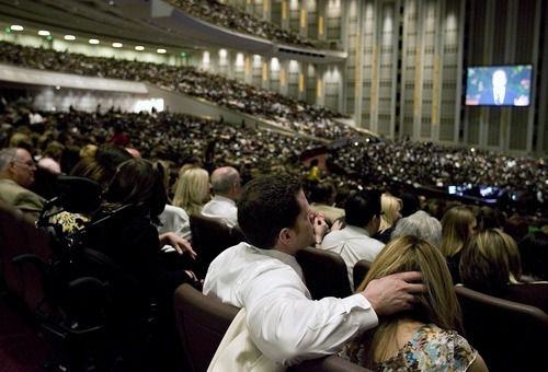 Djamila Grossman  |  The Salt Lake Tribune

People sit and listen to a speaker in the LDS Conference Center for the afternoon session of the 181st Annual General Conference of the LDS Church in Salt Lake City, Utah, on Sunday, April 3, 2011.