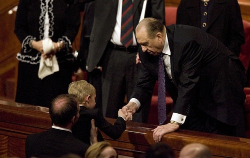 Djamila Grossman  |  The Salt Lake Tribune

President Thomas S. Monson, shakes a boy's hand after the afternoon session of the 181st Annual General Conference of the LDS Church at the LDS Conference Center in Salt Lake City, Utah, on Sunday, April 3, 2011.