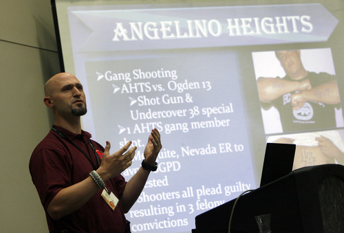 Francisco Kjolseth  |  The Salt Lake Tribune
St. George police Detective Aaron Bergquist, a membe of the Washington County Area Gang and Drug Task Force, talks about gangs in southern Utah during the 21st-nnual Utah Gang Conference in Sandy.