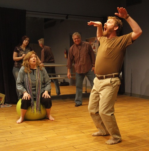 Rick Egan   |  The Salt Lake Tribune

Shelby Anderson, from left, Colleen Baum (on ball), Morgan Lund, and Michael Todd Behrens (right) rehearse in Salt Lake Acting Company's 