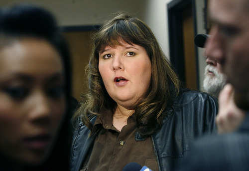 Scott Sommerdorf  |  The Salt Lake Tribune
Christy Danner, a mother of one of the victims of Lonnie Hyrum Johnson, speaks to the media Thursday after leaving the courtroom of 4th District Judge James Taylor after Johnson's final custody hearing.