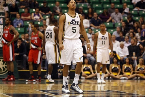 Photo by Chris Detrick | The Salt Lake Tribune 
Utah Jazz point guard Devin Harris (5) during the fourth quarter of the game at EnergySolutions Arena Thursday April 7, 2011.  Portland won the game 98-87.