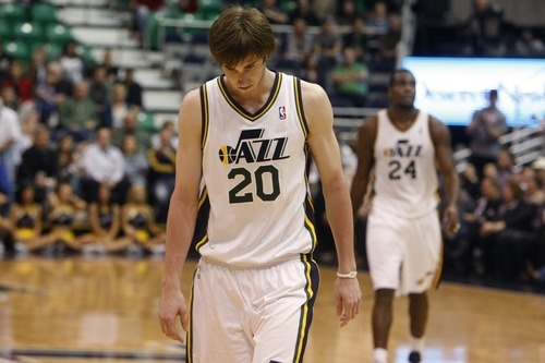 Photo by Chris Detrick | The Salt Lake Tribune 
Utah Jazz small forward Gordon Hayward (20) and Utah Jazz power forward Paul Millsap (24) after the game at EnergySolutions Arena Thursday April 7, 2011.  Portland won the game 98-87.