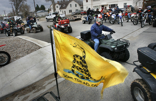 Scott Sommerdorf  |  The Salt Lake Tribune
SPEAR, (San Juan Public Entry & Access Rights), riders ride their atvs to the BLM headquarters in Monticello to rally for keeping trails open (and for reopening an illegal one that riders built in Recapture Canyon near Blanding). Also, Great Old Broads for Wilderness will be there with a counter protest, Saturday, April 9, 2011 in Monticello, Utah.