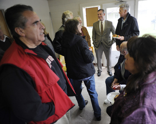 Sarah A. Miller  |  The Salt Lake Tribune
Salt Lake County mayor Peter Corroon stops in to visit with residents of the Parkhill Manufactured Home Park as they celebrate their park's new co-op status on Saturday.