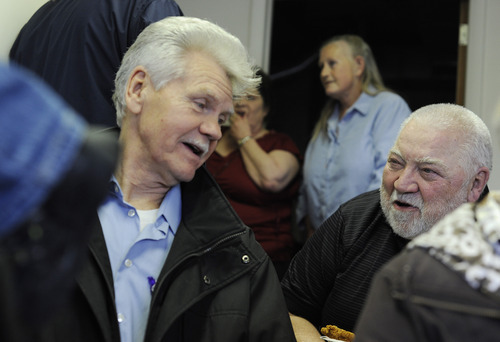 Sarah A. Miller  |  The Salt Lake Tribune
Parkhill Manufactured Home Park residents Rod Harman and co-op president Bob Greer talk during the park's celebration on Saturday. The community is now a resident owned co-op.