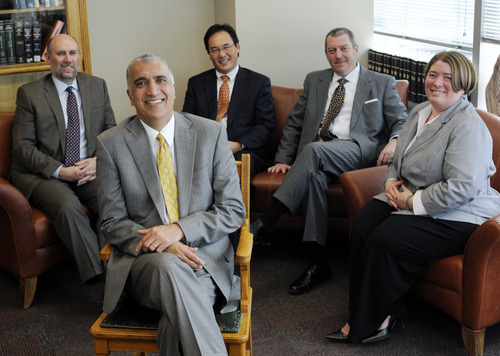 Sarah A. Miller  |  The Salt Lake Tribune
District Attorney Sim Gill has just completed his first 100 days in office as Salt Lake County's top prosecutor. He will work alongside chief deputies (from left to right) Ralph Chamress, Blake Nakamura, Jeff Hall and administrative assistant Lisa Ashman.