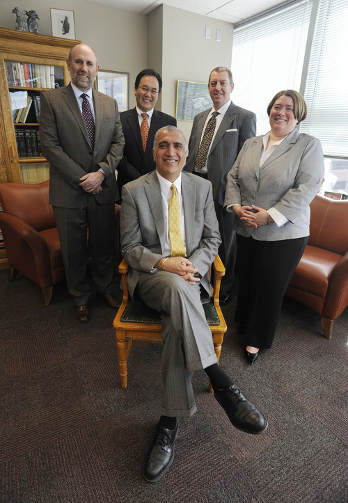 Sarah A. Miller  |  The Salt Lake Tribune
District Attorney Sim Gill has just completed his first 100 days in office as Salt Lake County's top prosecutor. He will work alongside chief deputies (from left to right) Ralph Chamress, Blake Nakamura, Jeff Hall and administrative assistant Lisa Ashman.