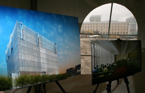 Steve Griffin  |  The Salt Lake Tribune
 
Renderings of the new federal district courthouse are on display as the old courthouse can be seen outside a tent during groundbreaking in Salt Lake City on Thursday, Feb. 24, 2011.