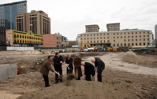 Steve Griffin  |  The Salt Lake Tribune
 
Judge Samuel Alba, architect Thomas Phifer, Paul Prouty, GSA Rocky Mountain regional commissioner, Judge Tena Campbell, Utah Sen. Orrin Hatch and former Utah Sen. Bob Bennett turn shovels of dirt during groundbreaking for the new federal district courthouse in Salt Lake City on Thursday, Feb. 24, 2011.