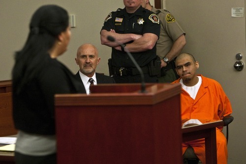 Photo by Chris Detrick | The Salt Lake Tribune 
Miguel Mateos-Martinez and his attorney Ralph Dellapiana listen to Rosa Hernandez during the sentencing at the Scott M. Matheson Courthouse Tuesday April 12, 2011.  The man who shot and killed 24-year-old Faviola Hernandez during a botched robbery at her Glendale hair salon in 2007 was sentenced to prison Tuesday for life without parole. Miguel Mateos-Martinez, 23, was convicted by a 3rd District Court jury in February of one count of aggravated murder, two counts of aggravated robbery and two counts of aggravated assault.