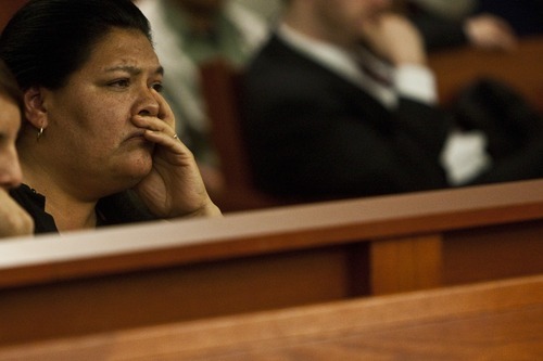 Photo by Chris Detrick | The Salt Lake Tribune 
Rosa Hernandez, mother of Faviola Hernandez, listens during the sentencing at the Scott M. Matheson Courthouse Tuesday April 12, 2011.  The man who shot and killed 24-year-old Faviola Hernandez during a botched robbery at her Glendale hair salon in 2007 was sentenced to prison Tuesday for life without parole. Miguel Mateos-Martinez, 23, was convicted by a 3rd District Court jury in February of one count of aggravated murder, two counts of aggravated robbery and two counts of aggravated assault.
