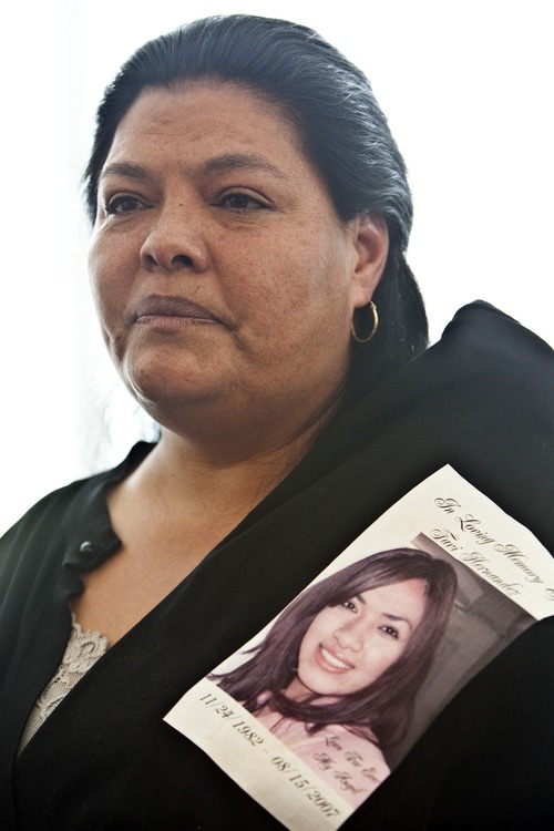 Chris Detrick | The Salt Lake Tribune 
Rosa Hernandez, mother of Faviola Hernandez, talks to members of the media in April after the sentencing of Miguel Mateos-Martinez, 23, to life in prison without parole for her daughter's murder.