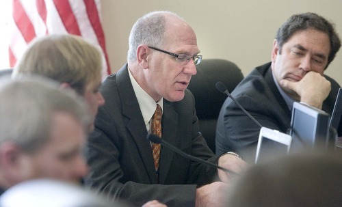 Paul Fraughton  |  The Salt Lake Tribune
Rep. Steve Handy (center) talks at a  legislative advisory meeting dealing with GRAMA. Rep. Brian King  is right. The meeting was held at the Senate Offices on Capitol Hill  on Wednesday,  April 13, 2011.