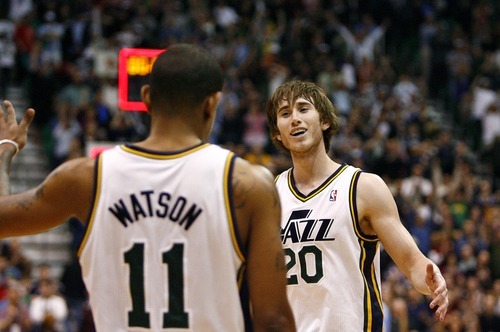 Djamila Grossman  |  The Salt Lake Tribune

The Utah Jazz' Gordon Hayward gets a high five from Earl Watson (11) after scoring his career high in a game against the Denver Nuggets at Energy Solutions Arena in Salt Lake City, Utah, on Wednesday, April 13, 2011. The Jazz won the game.