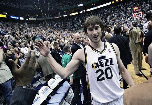 Djamila Grossman  |  The Salt Lake Tribune

The Utah Jazz' Gordon Hayward gets a high five after scoring his career high in a game against the Denver Nuggets at Energy Solutions Arena in Salt Lake City, Utah, on Wednesday, April 13, 2011. The Jazz won the game.