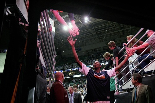 Djamila Grossman  |  The Salt Lake Tribune

The Utah Jazz' Jeremy Evans (40) walks off the court after his team won against the Denver Nuggets during the second half of a game at Energy Solutions Arena in Salt Lake City, Utah, on Wednesday, April 13, 2011.