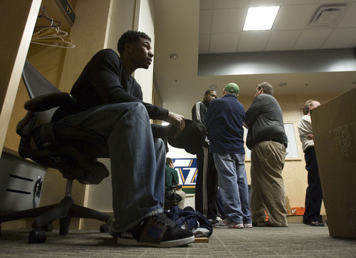 Steve Griffin  |  The Salt Lake Tribune
 
Utah Jazz guard Ronnie Price sits at his locker as reporters interview Paul Millsap during locker clean-out day at EnergySolutions Arena in Salt Lake City on Thursday, April 14, 2011. The team finished its season last night without a trip to the playoffs.