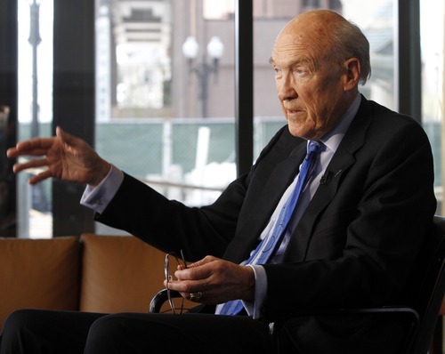 Rick Egan   |  The Salt Lake Tribune
Former U.S. Sen. Alan Simpson meets with reporters before giving a speech Friday in Salt Lake City. Simpson is co-chairman of President Barack Obama's bipartisan fiscal commission to balance the budget and put the country on a road to a more stable financial future.