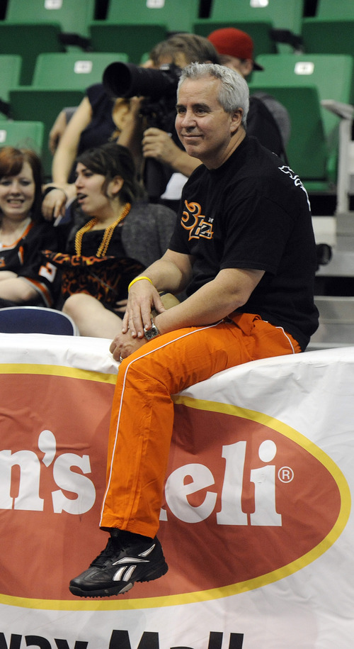 Sarah A. Miller  |  The Salt Lake Tribune

A man in Blaze garb watches his team play against the Spokane Shock Friday night at Energy Solutions Arena in downtown Salt Lake City.