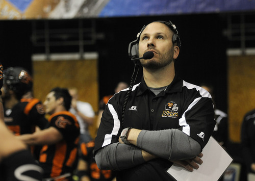 Sarah A. Miller  |  The Salt Lake Tribune

Utah Blaze offensive coordinator Matt Sauk watches an instant replay on the screen during their game against the Spokane Shock Friday night at Energy Solutions Arena in downtown Salt Lake City.